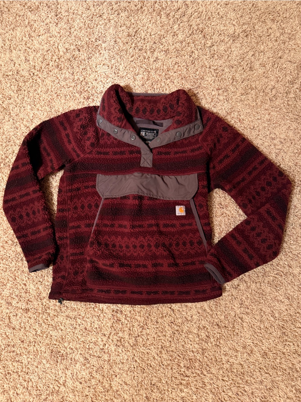Women’s size small Carhartt Burgundy Patterned Aztec Fleece Pullover hoodie